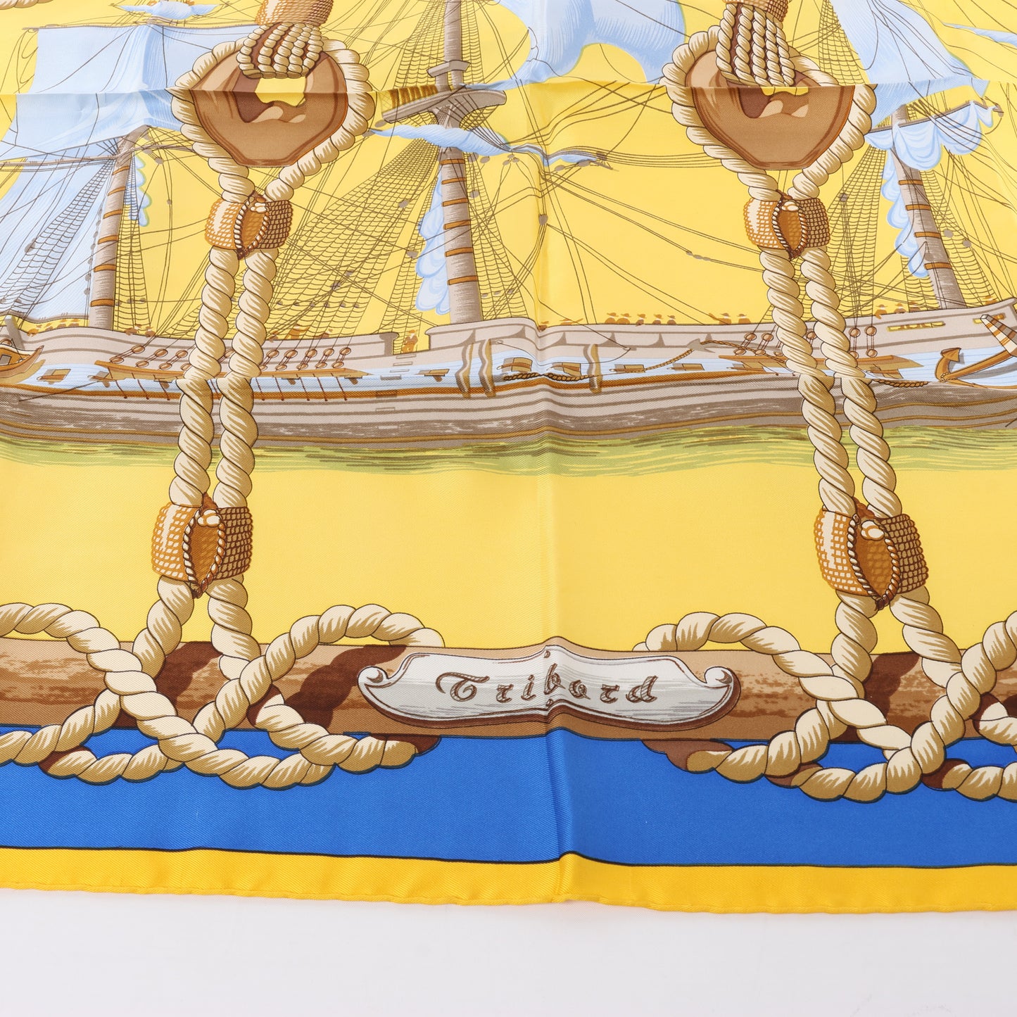 Hermès Carré 90 "Tribord" 100% Silk Scarf in Yellow and Blue