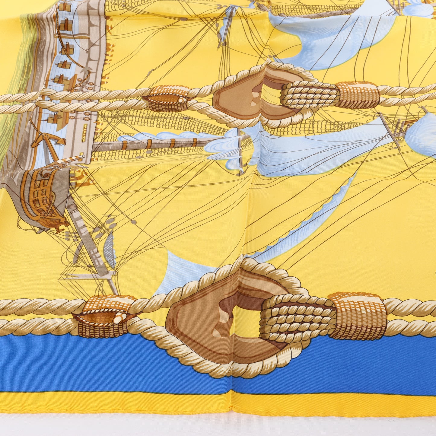 Hermès Carré 90 "Tribord" 100% Silk Scarf in Yellow and Blue
