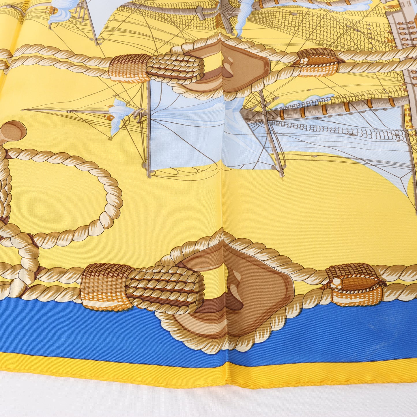 Hermès Carré 90 "Tribord" 100% Silk Scarf in Yellow and Blue