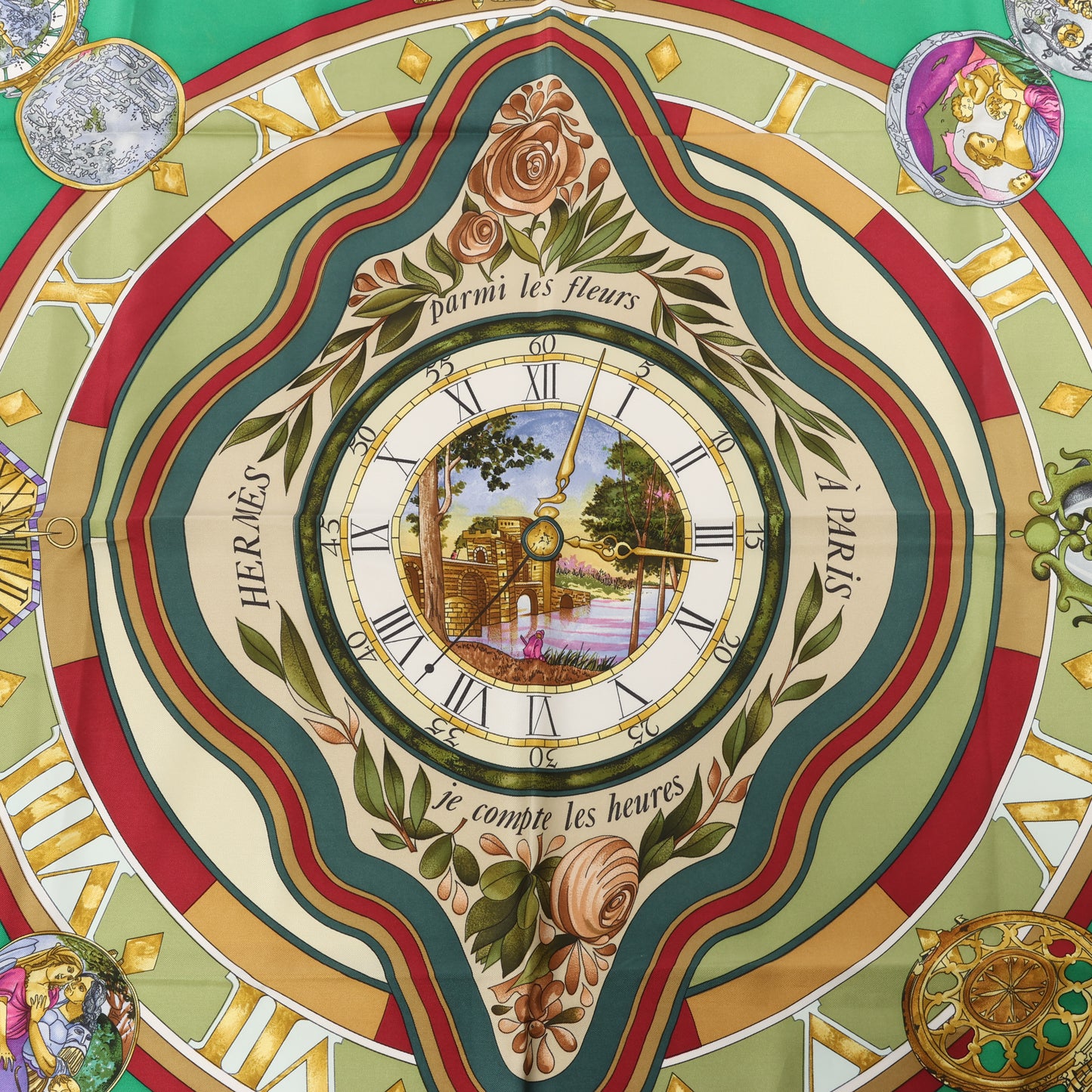 Hermès Carré 90 "La Ronde Des Heures" 100% Silk Scarf in Green