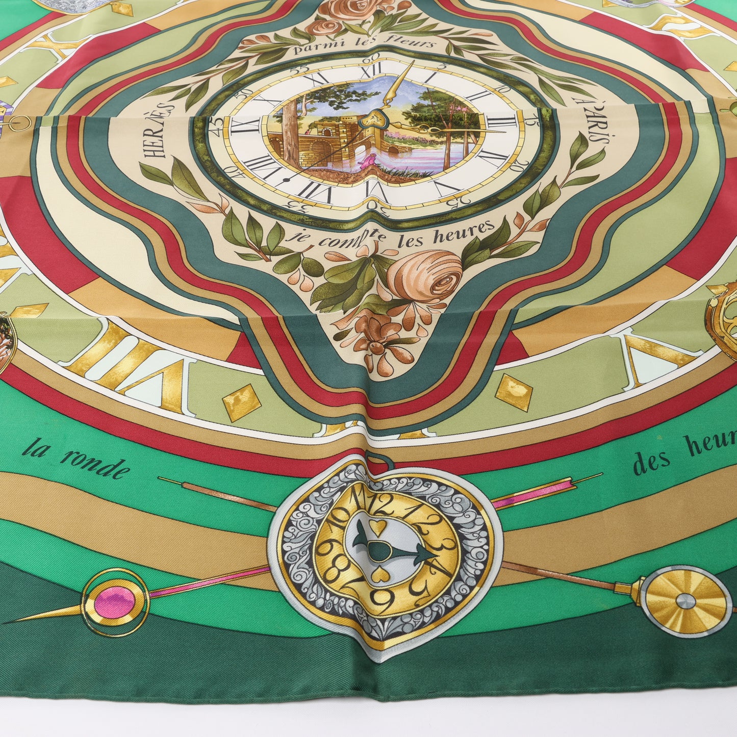 Hermès Carré 90 "La Ronde Des Heures" 100% Silk Scarf in Green