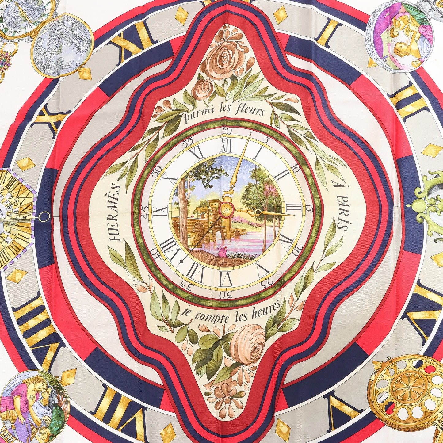 Hermès Carré 90 „Parmi les Fleurs je Compte les Heures“ Seidentaschentuch in Marineblau