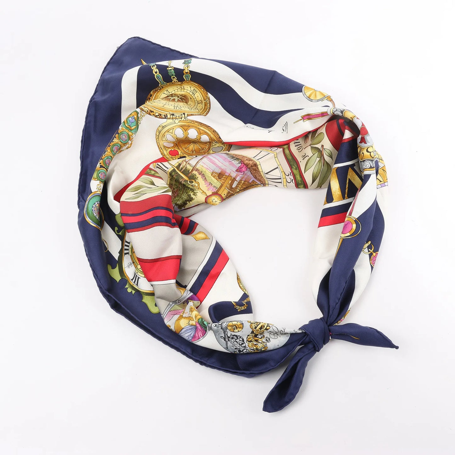 Hermès Carré 90 „Parmi les Fleurs je Compte les Heures“ Seidentaschentuch in Marineblau