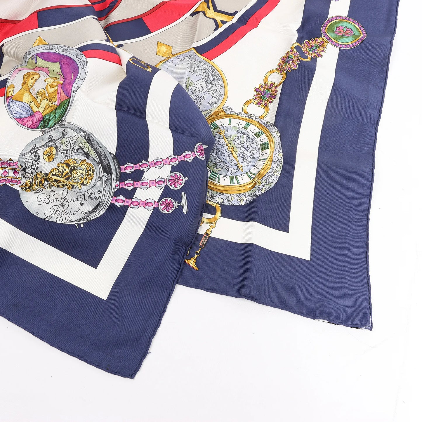 Hermès Carré 90 „Parmi les Fleurs je Compte les Heures“ Seidentaschentuch in Marineblau