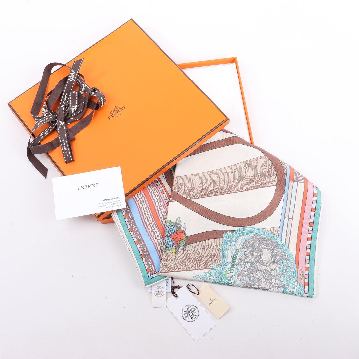 Hermès Carré Double Face 90 „Passard D Serpentin“ Schal aus 100 % Seide in Braun x Grün