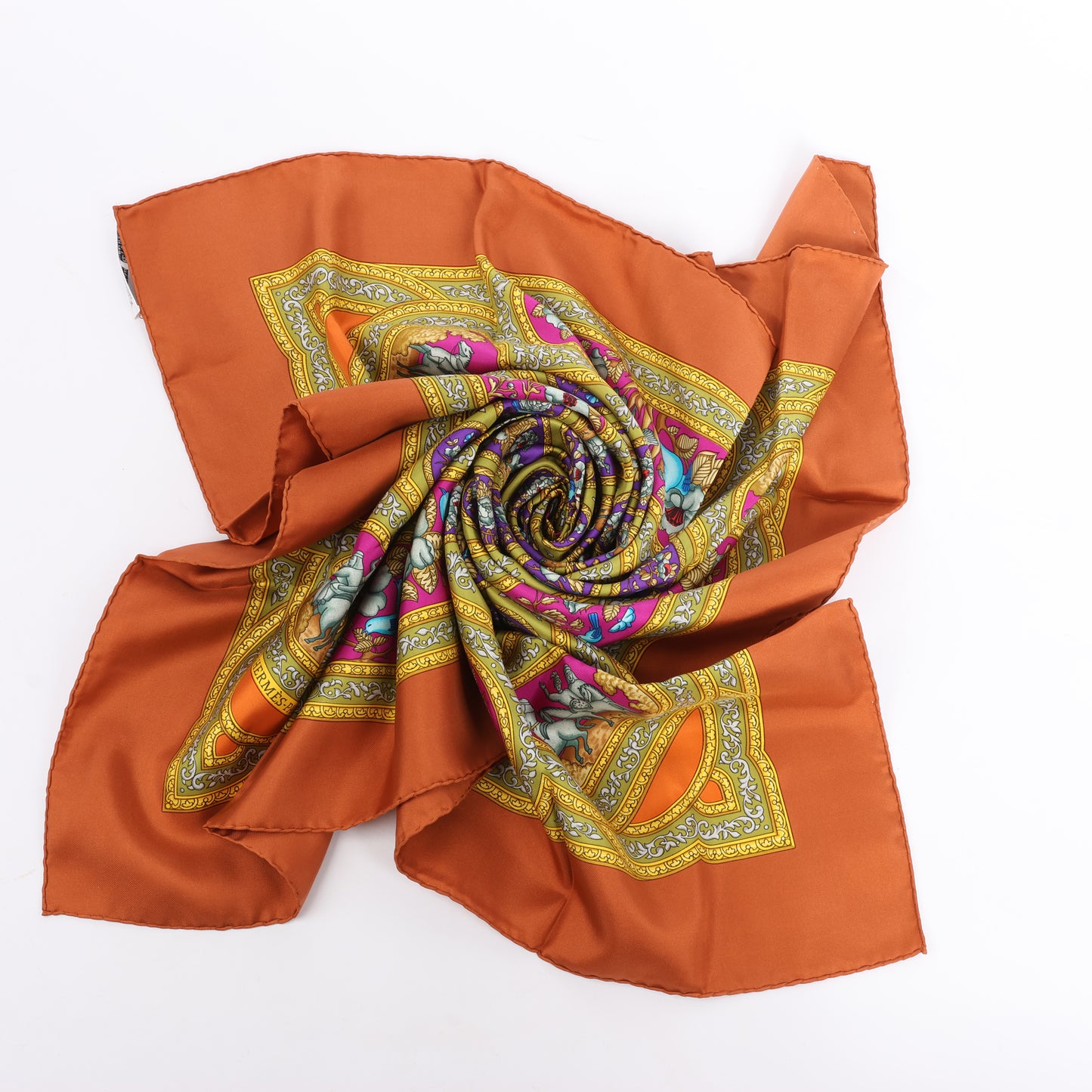 Hermès Carré 90 "QALAMDAN" 100% Silk Scarf in Orange