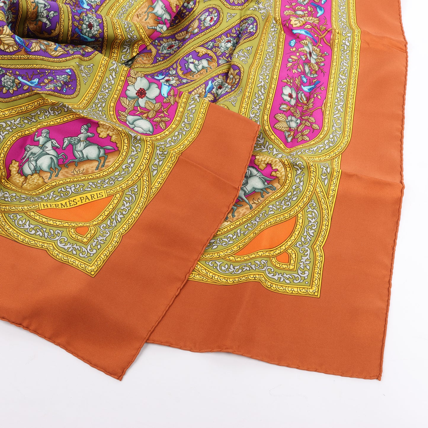Hermès Carré 90 "QALAMDAN" 100% Silk Scarf in Orange