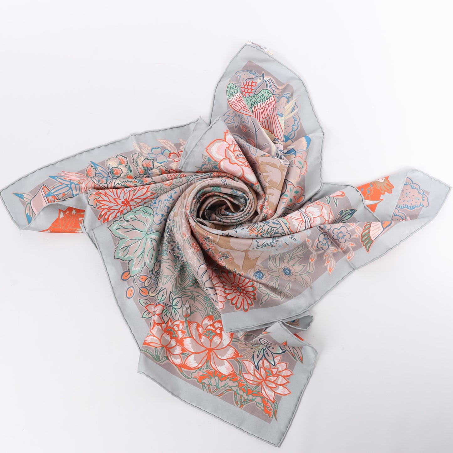 Hermès Carré 90 "Mille Feuilles de Soie" 100% Silk Scarf in Gray
