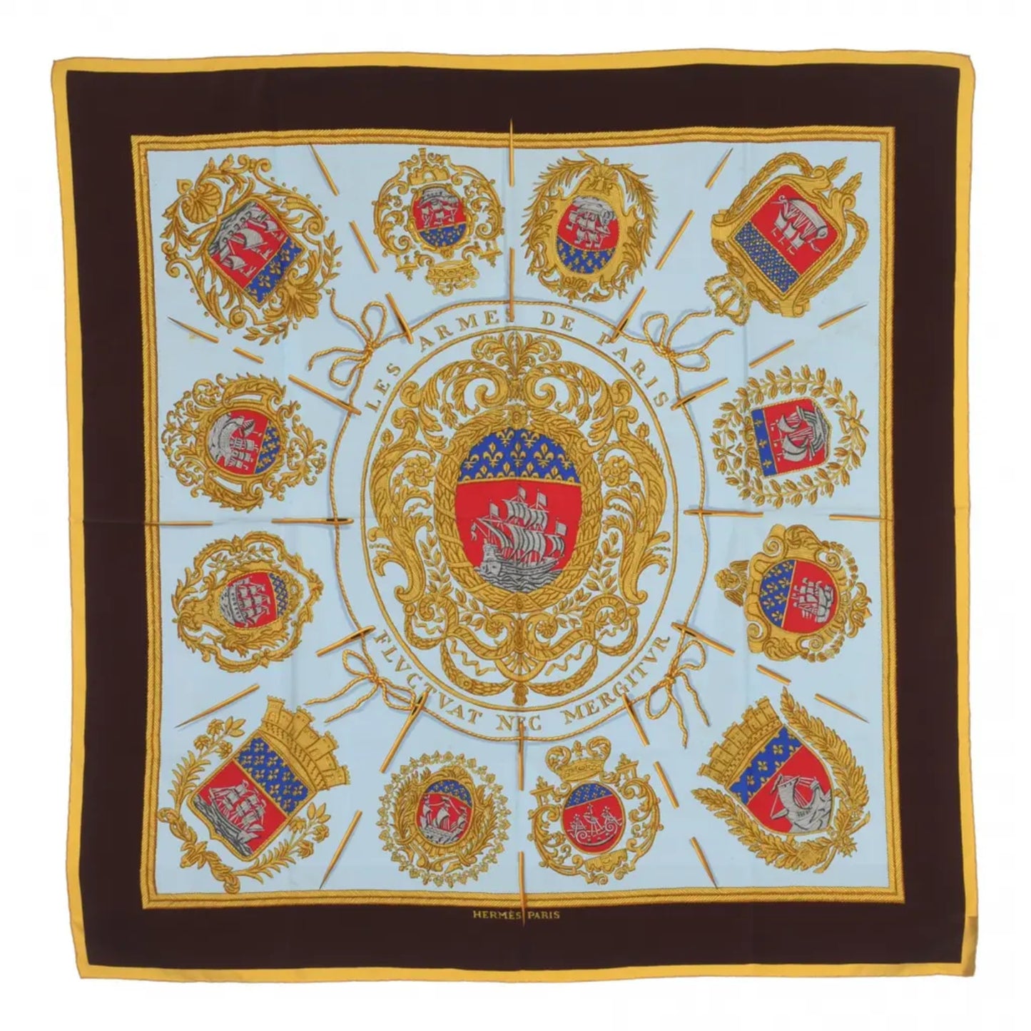 Hermès Carré 90 "Les Armes de Paris" 100% Silk Scarf in Brown and Blue