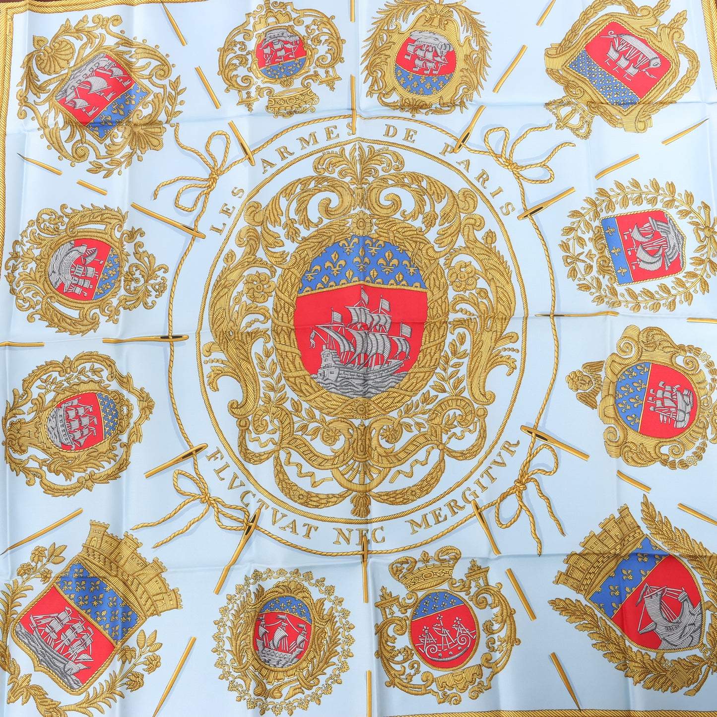 Hermès Carré 90 "Les Armes de Paris" 100% Silk Scarf in Brown and Blue