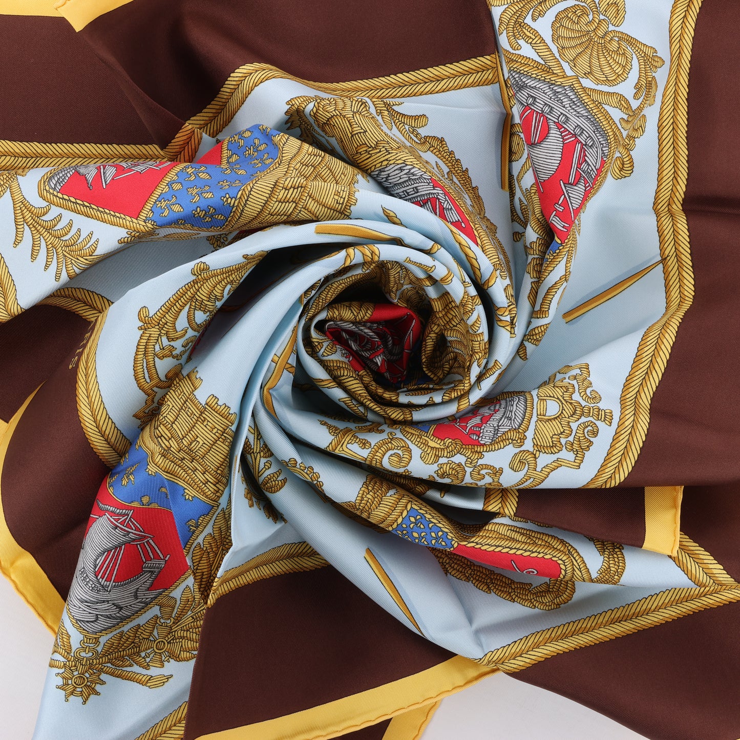Hermès Carré 90 "Les Armes de Paris" 100% Silk Scarf in Brown and Blue