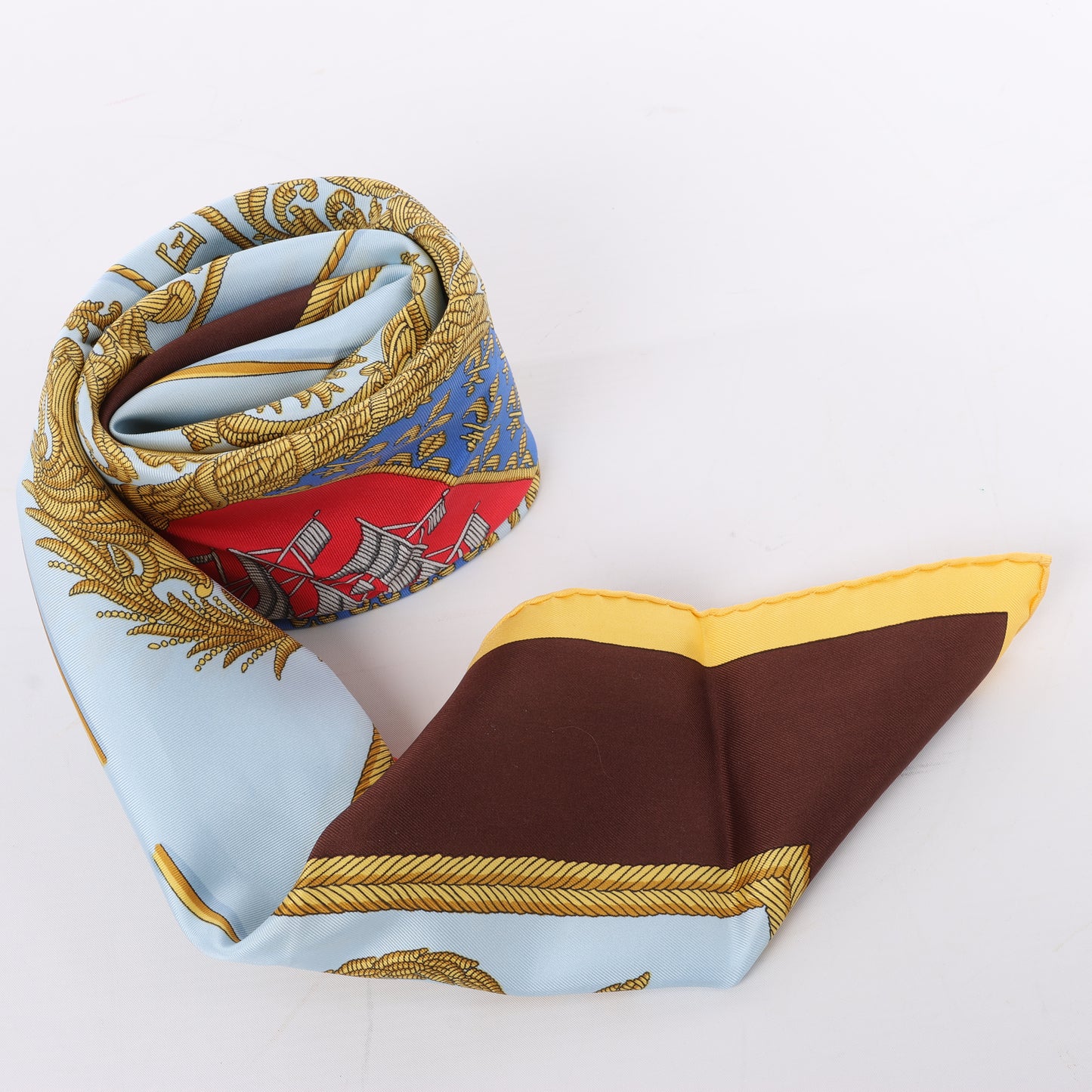 Hermès Carré 90 "Les Armes de Paris" 100% Silk Scarf in Brown and Blue