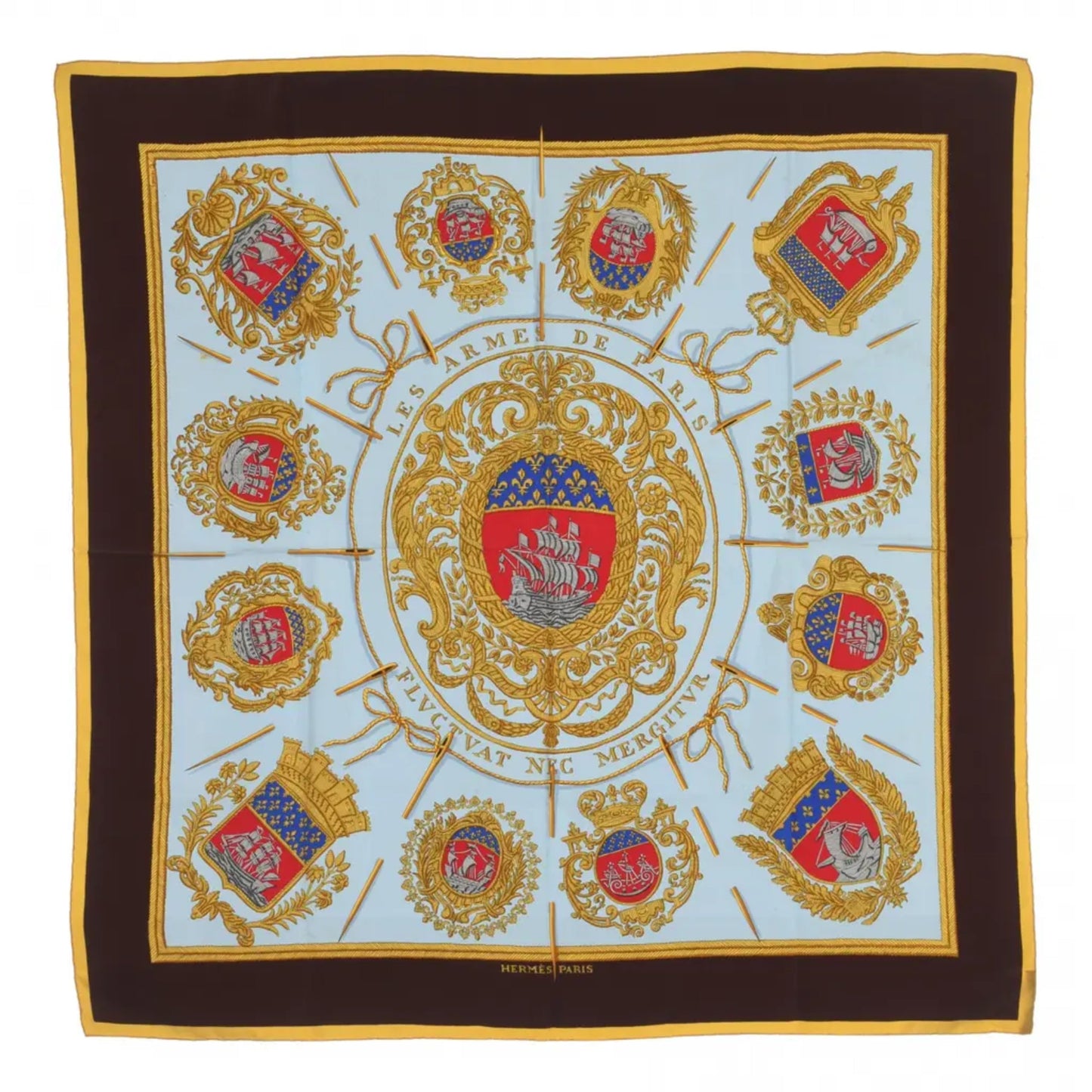 Hermès Carré 90 „Les Armes de Paris“ Schal aus 100 % Seide in Braun und Blau