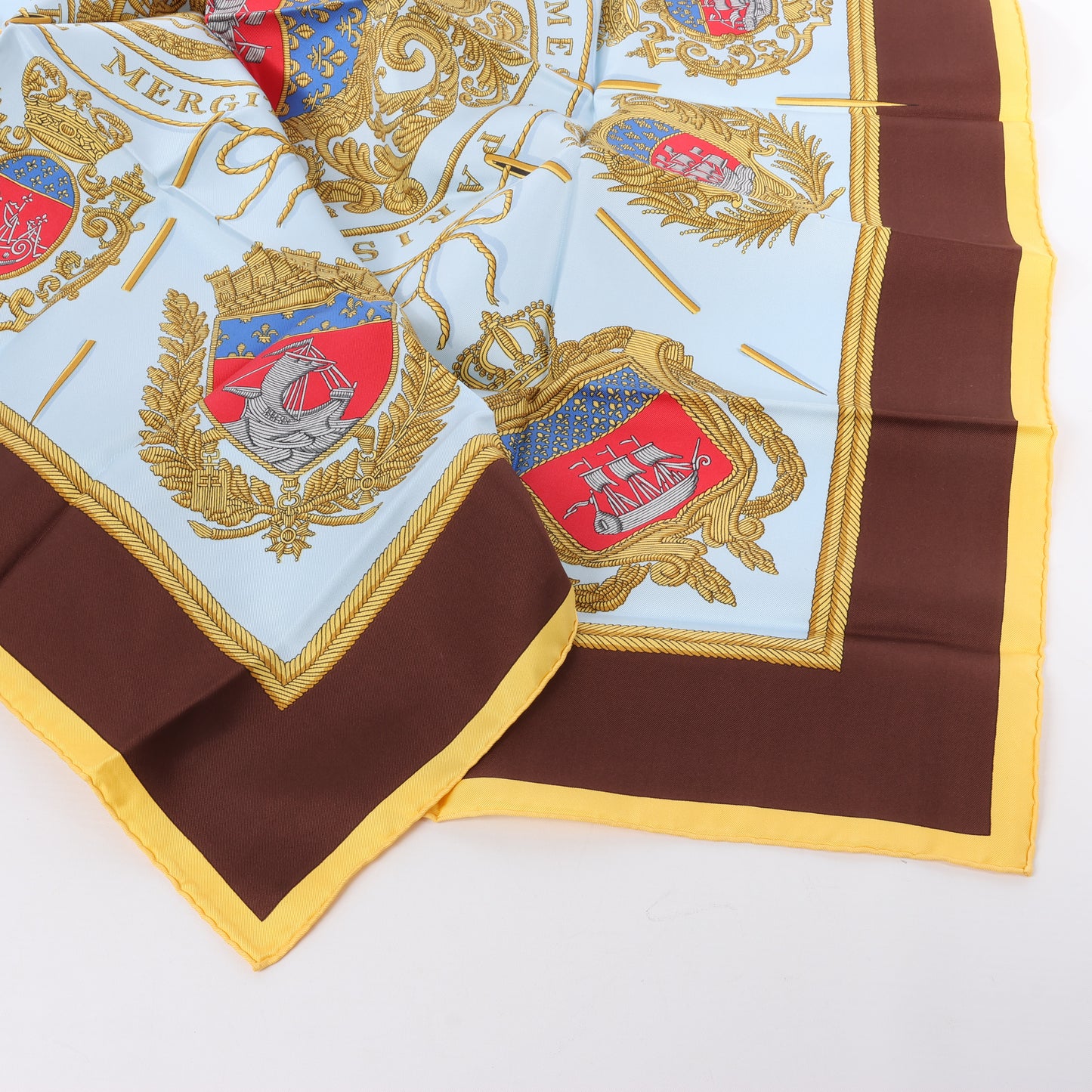 Hermès Carré 90 "Les Armes de Paris" 100% Silk Scarf in Brown and Blue