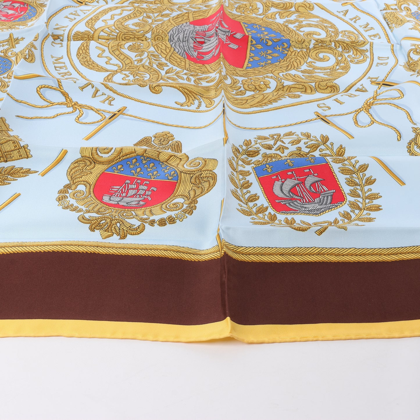 Hermès Carré 90 "Les Armes de Paris" 100% Silk Scarf in Brown and Blue