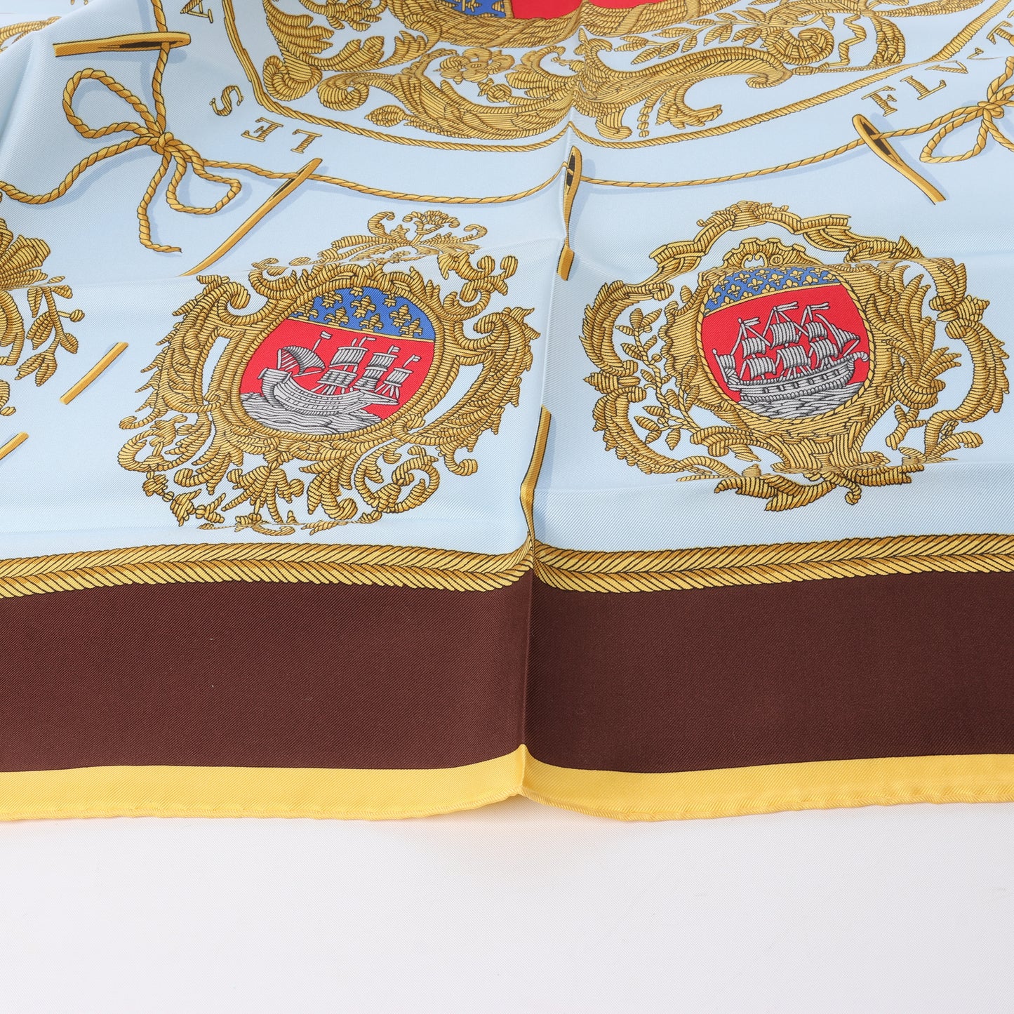 Hermès Carré 90 "Les Armes de Paris" 100% Silk Scarf in Brown and Blue