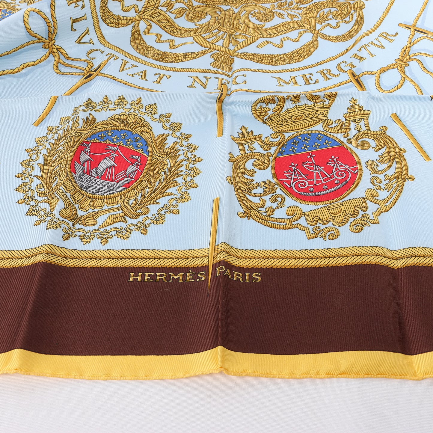 Hermès Carré 90 "Les Armes de Paris" 100% Silk Scarf in Brown and Blue