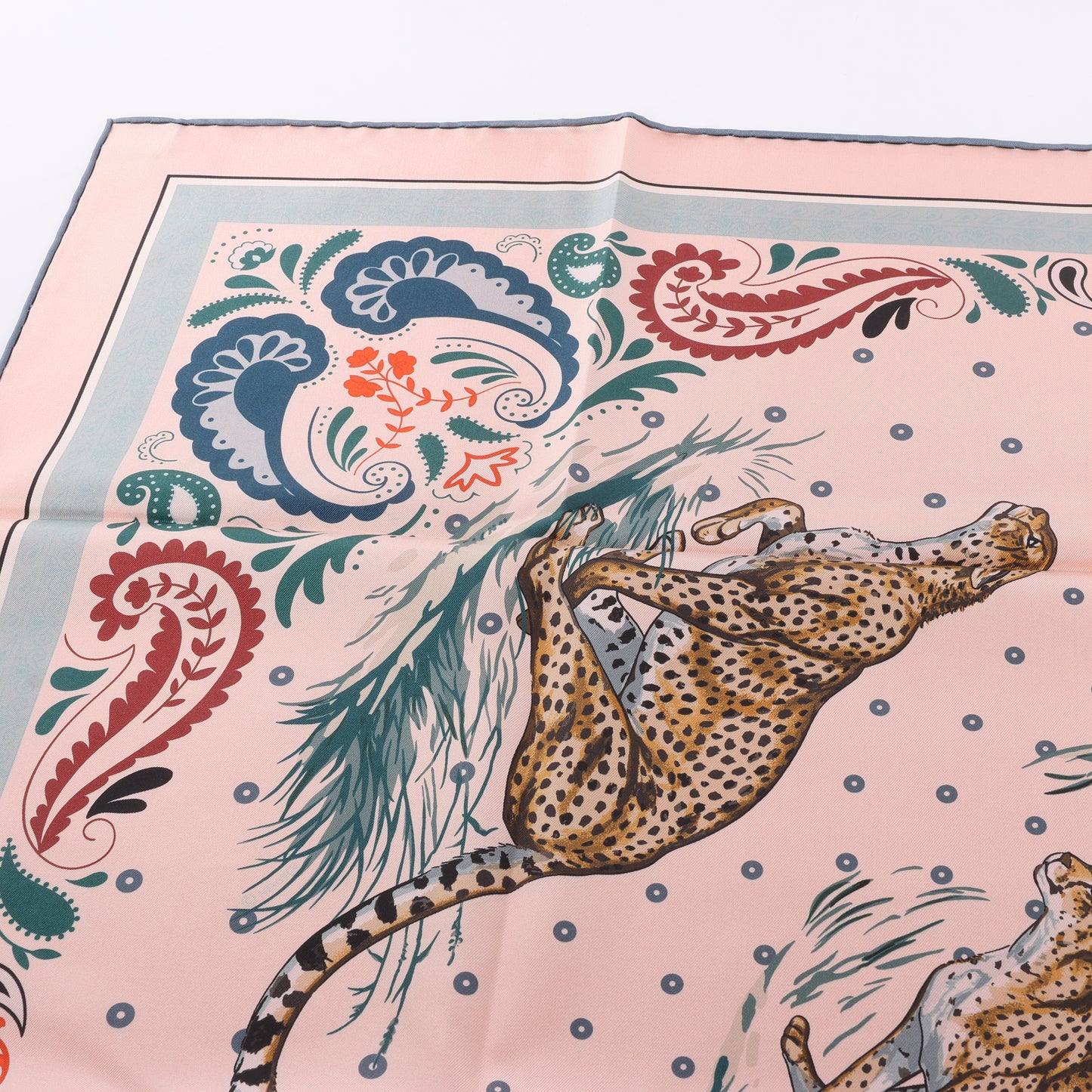 Hermès Double Face 90 "Cheetah Bandana" 100% Silk Scarf in Pink x Orange