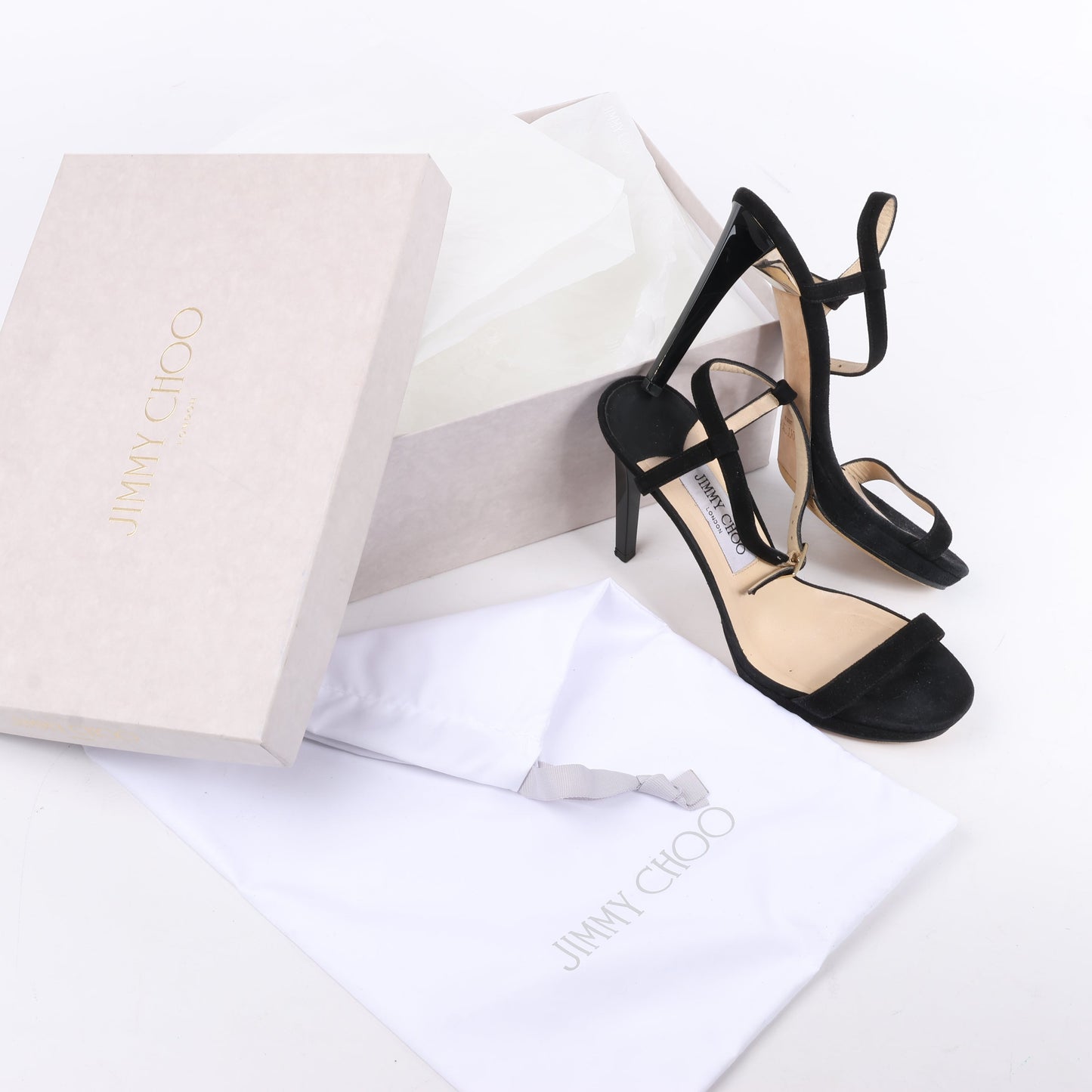 Jimmy Choo Satin Minny Ankle Strap Sandals in Black, Size 38.5 EU