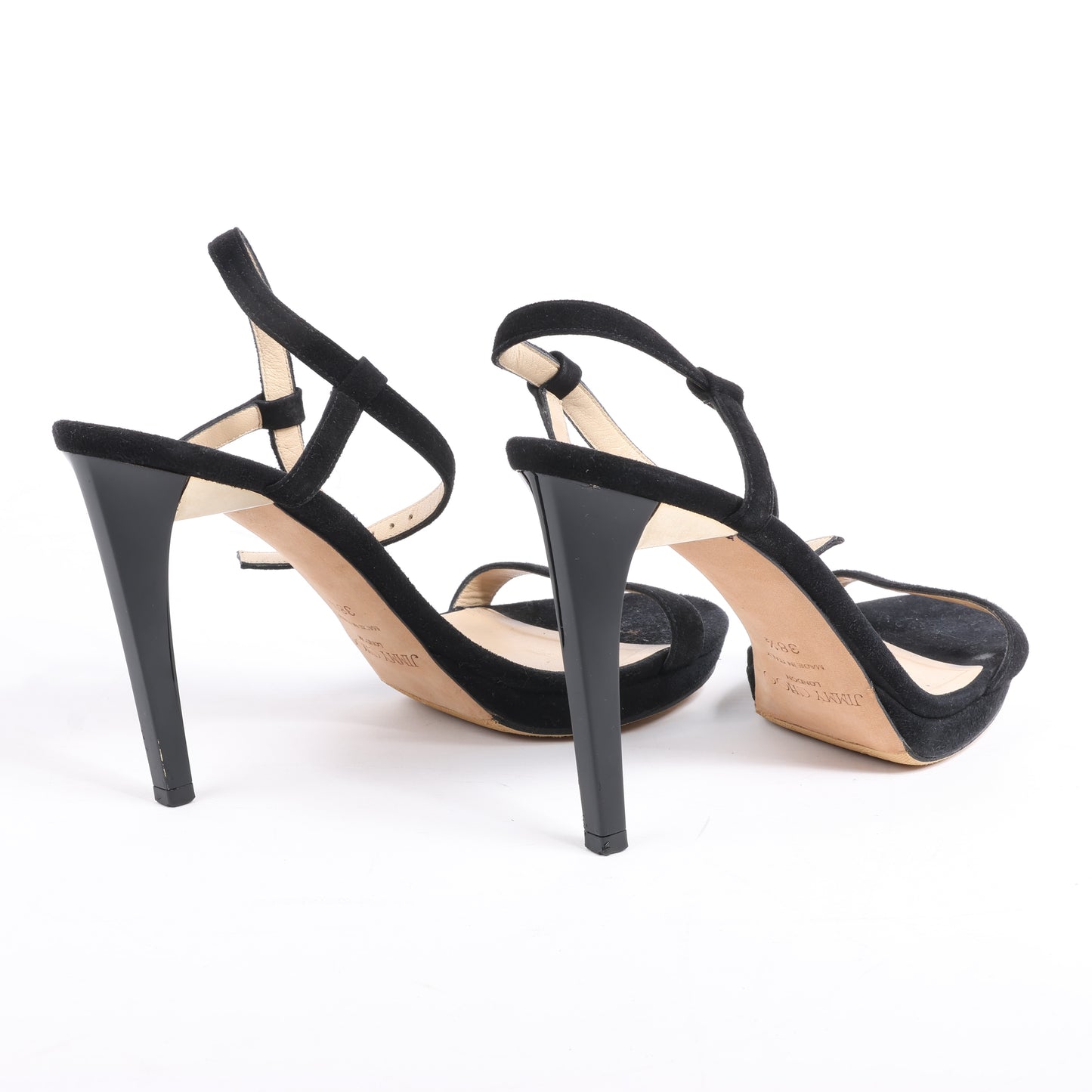 Jimmy Choo Satin Minny Sandalen mit Knöchelriemen in Schwarz, Größe 38,5 EU