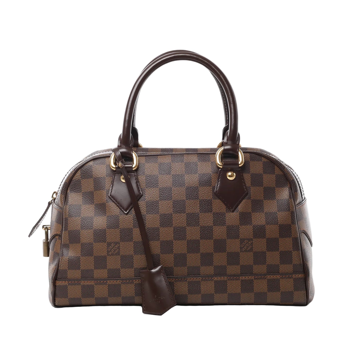 Front view of the Louis Vuitton Damier Ebene Duomo Handbag N60008, featuring signature brown checkerboard canvas, dark brown leather handles and trim, gold-tone hardware, a leather clochette, and a secure top zipper closure.