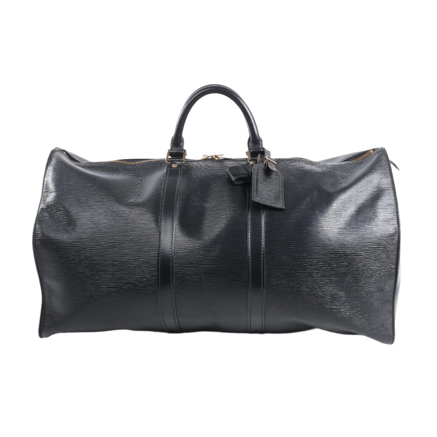 Black leather duffel bag on a white background