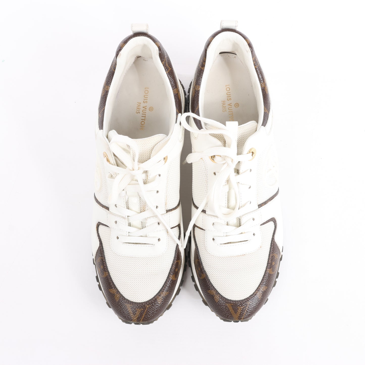 Louis Vuitton Run Away Sneakers aus Mesh und Monogram Canvas in Weiß/Braun, Größe 38,5 EU