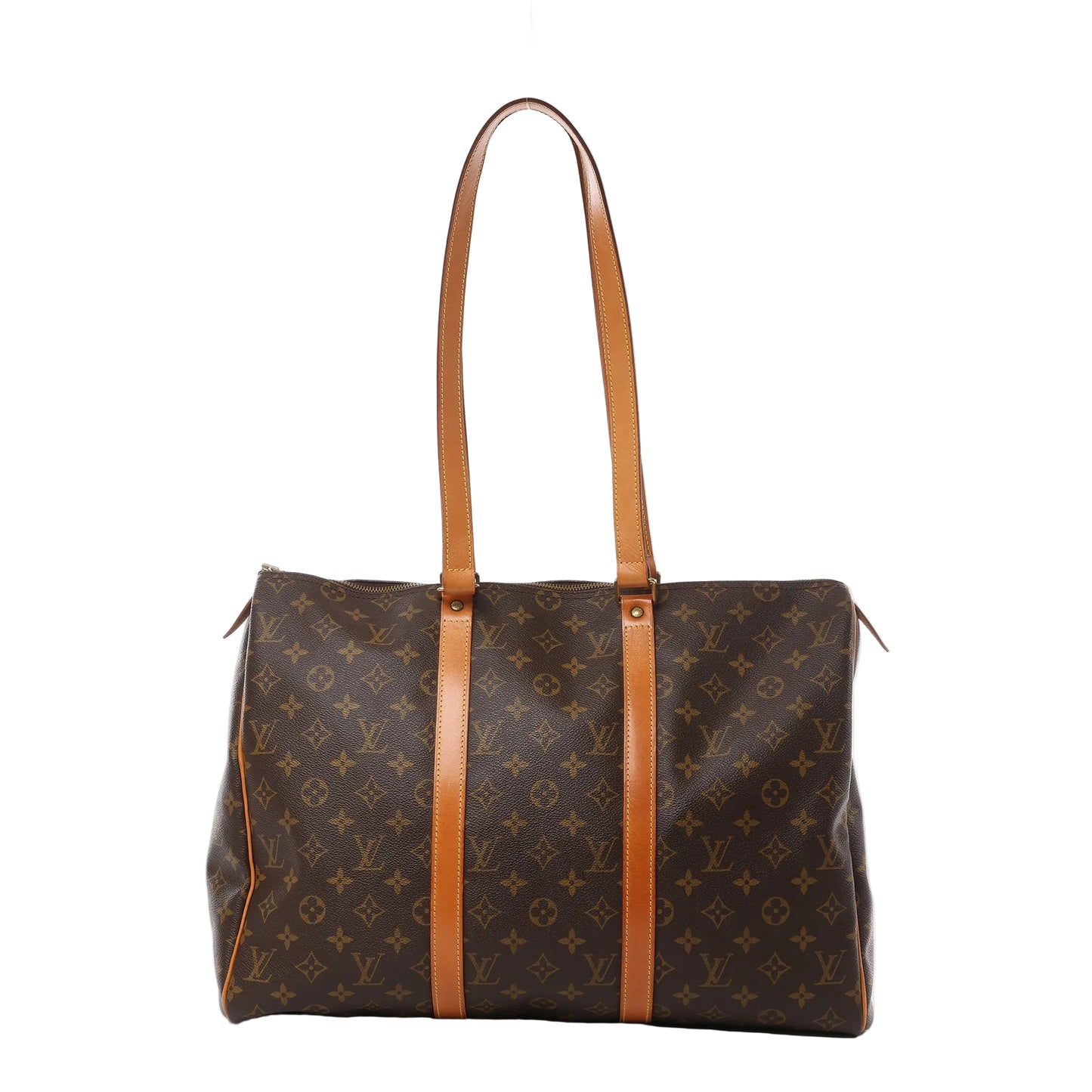 Front view of the Louis Vuitton Monogram Flanerie 45 Shoulder Bag M51115, featuring brown Monogram canvas, dual long natural cowhide leather shoulder straps, vertical leather trim accents, and a wide rectangular shape with zip-top closure.