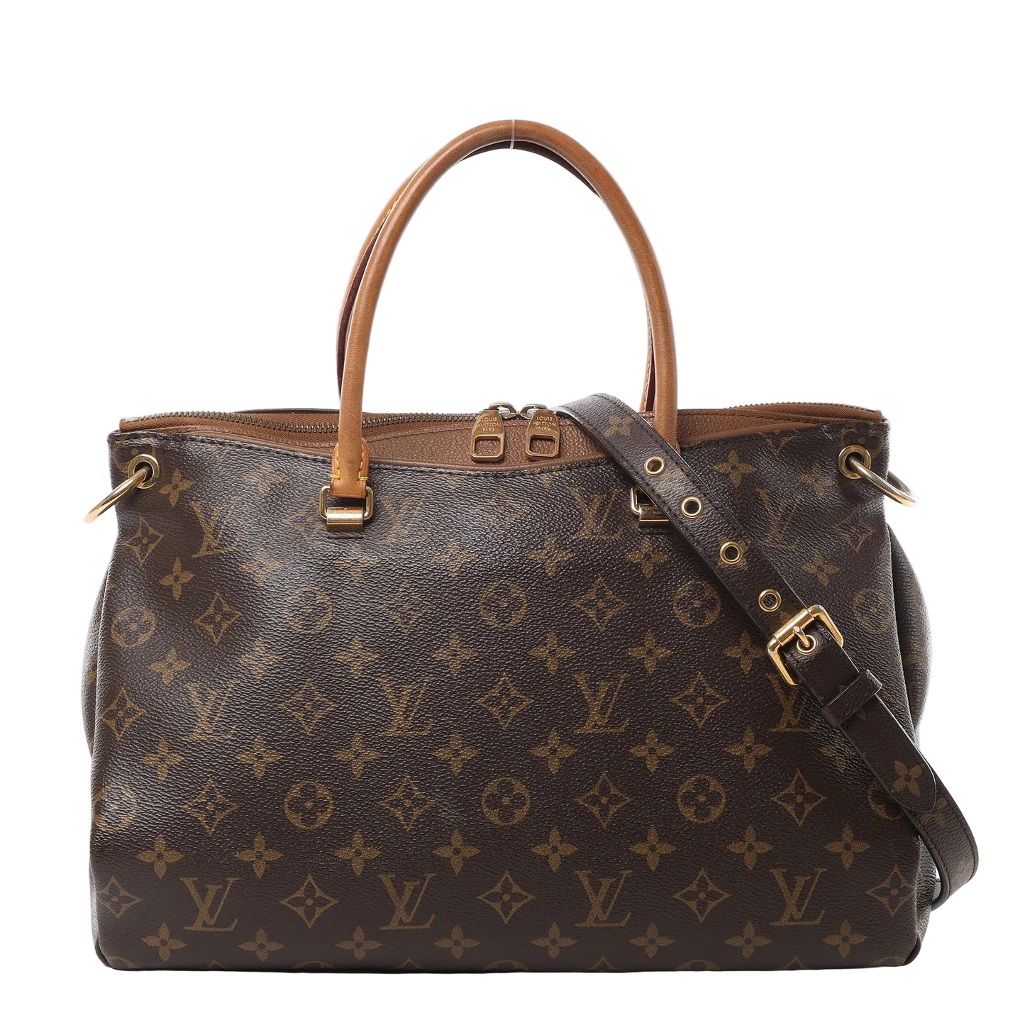 Front view of the Louis Vuitton Monogram Pallas MM 2Way Handbag M40907 in brown, featuring classic LV monogram canvas, natural cowhide leather top handles, a detachable shoulder strap, gold-tone hardware, and dual zipper closure.