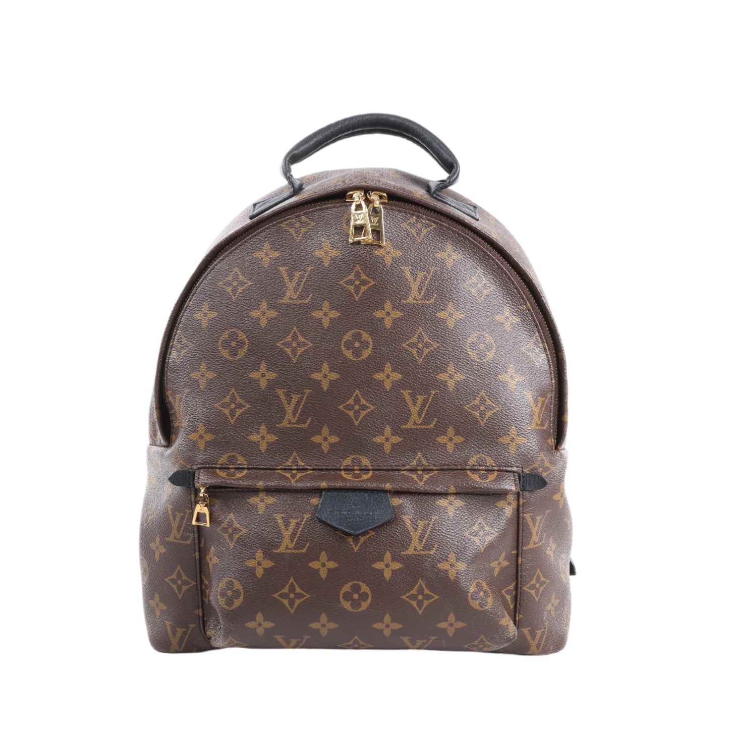 Brown backpack with monogram pattern on a white background