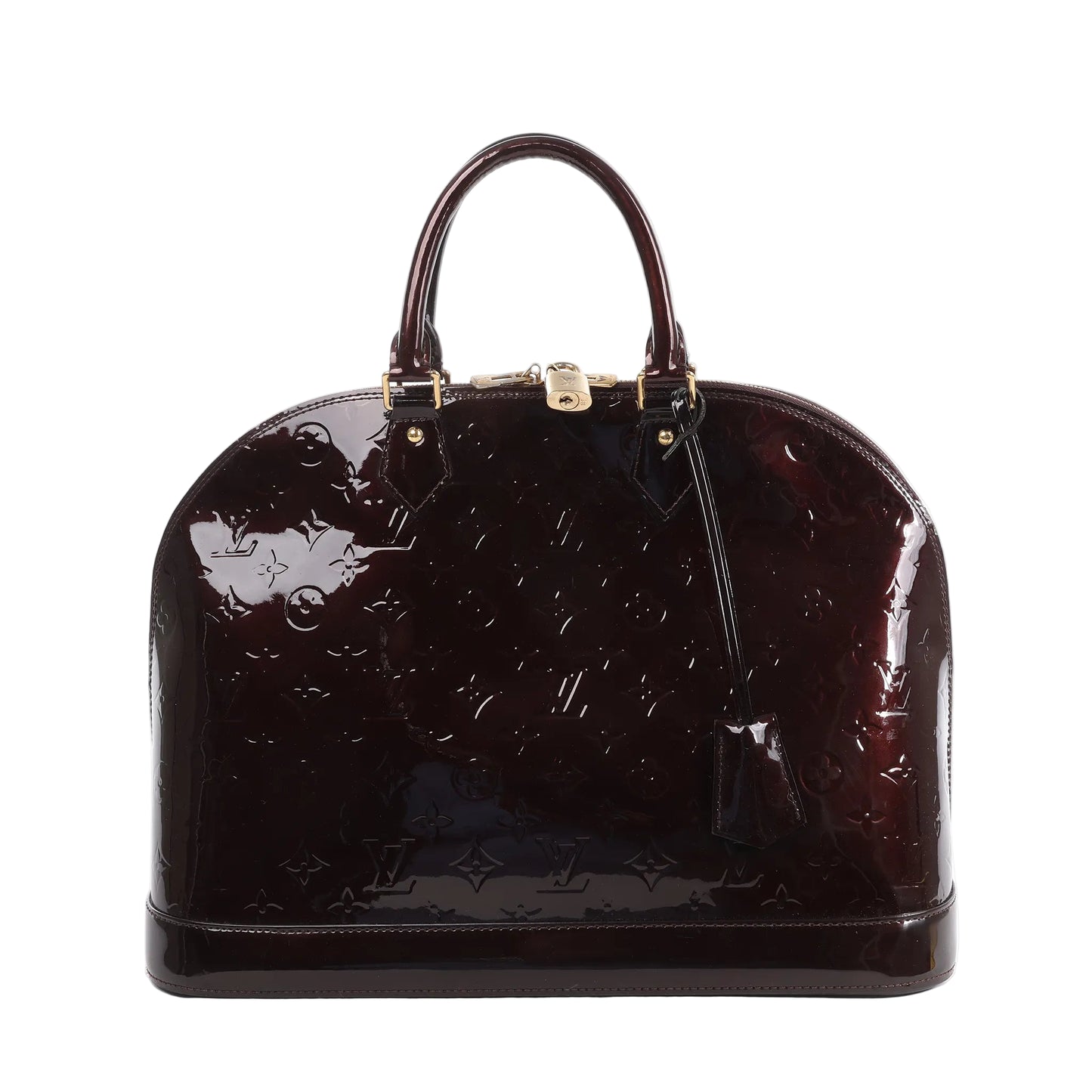 Front view of the Louis Vuitton Vernis Alma GM Handbag M91687 in deep Amarante burgundy, featuring shiny Monogram Vernis patent leather, dual rolled leather handles, gold-tone hardware with a padlock, and a structured dome silhouette with base trim.
