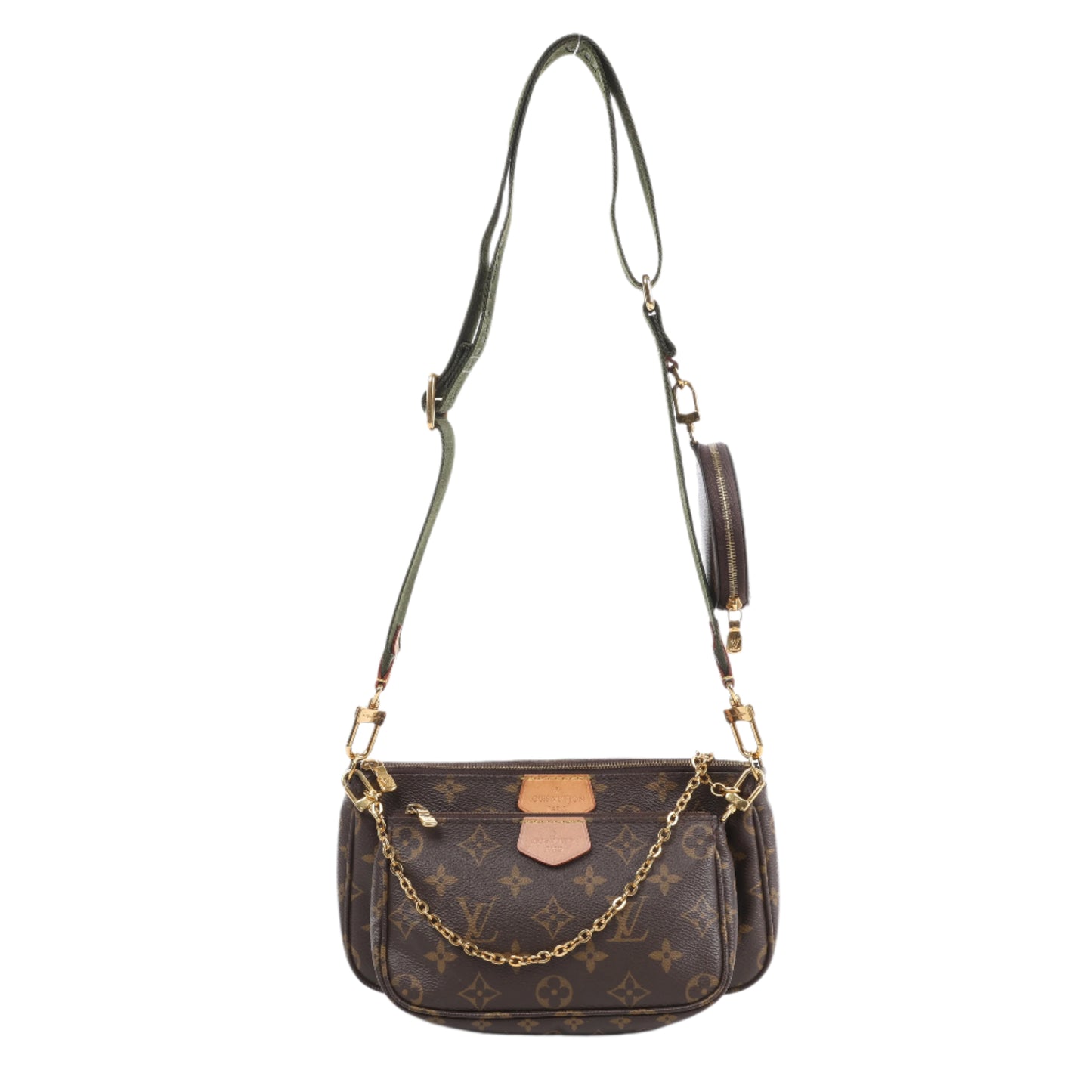 Brown monogram handbag with gold chain and strap on a white background