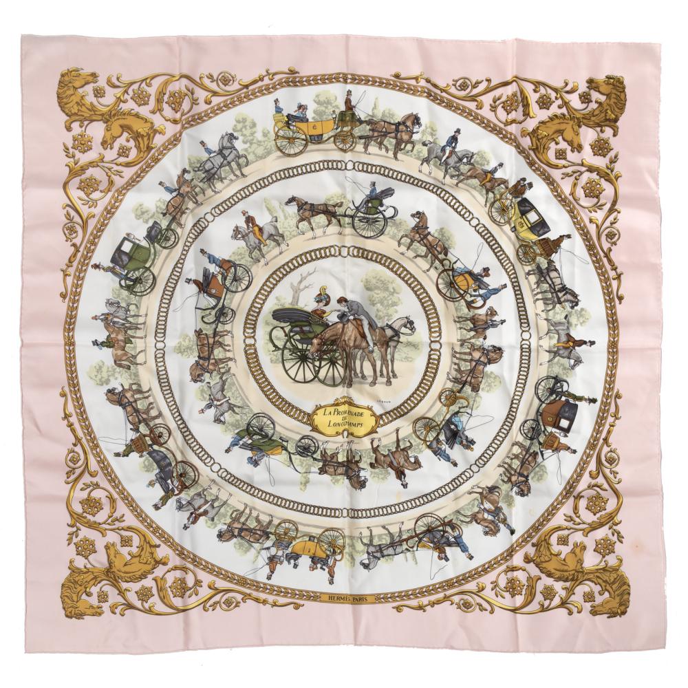 Hermes Carré 90 "LA PROMENADE DE LONGCHAMPS" 100% Silk Scarf in Pink