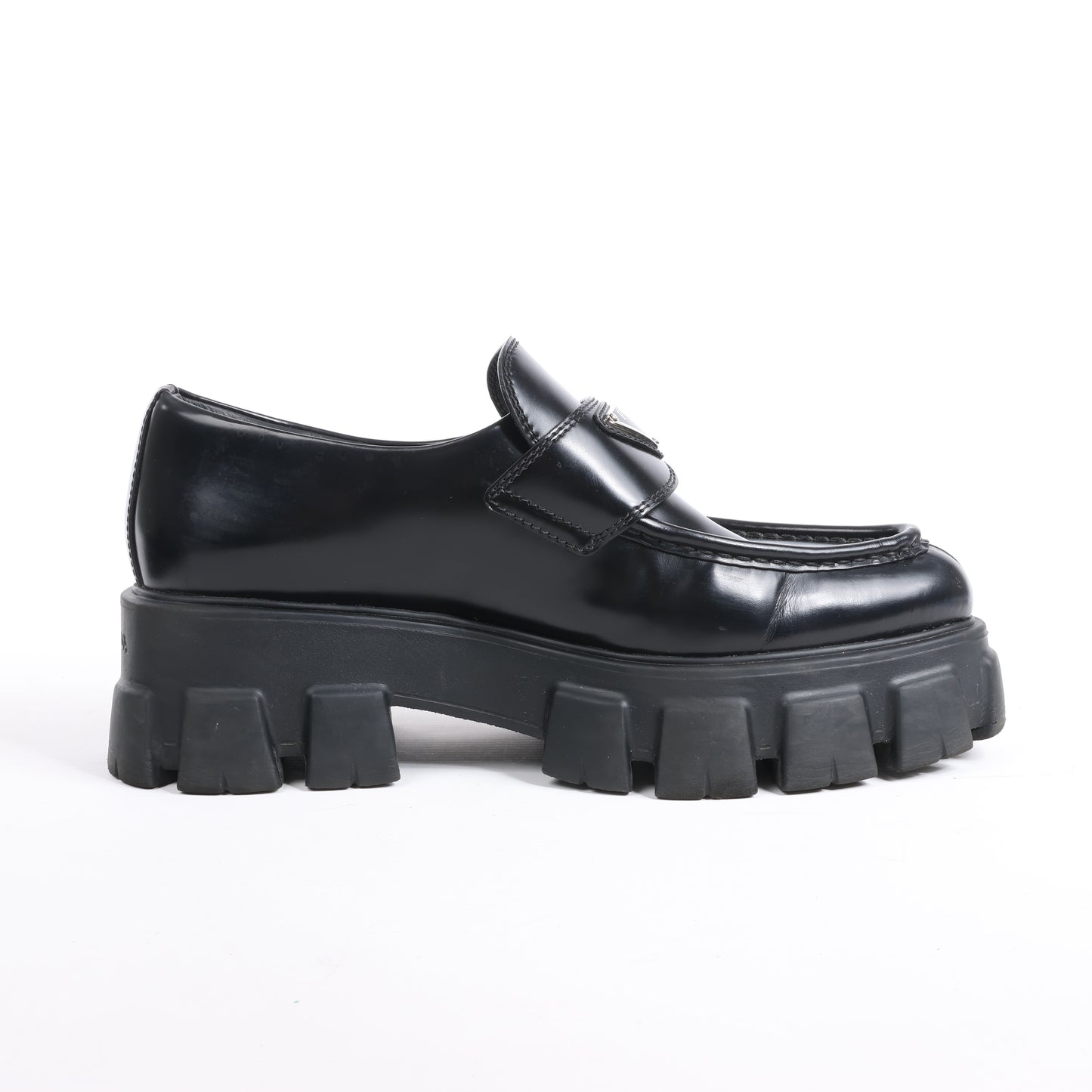 PRADA Spazzolato Triangle Logo Monolith Pointy 55mm Loafers in Black, Size 38.5 EU
