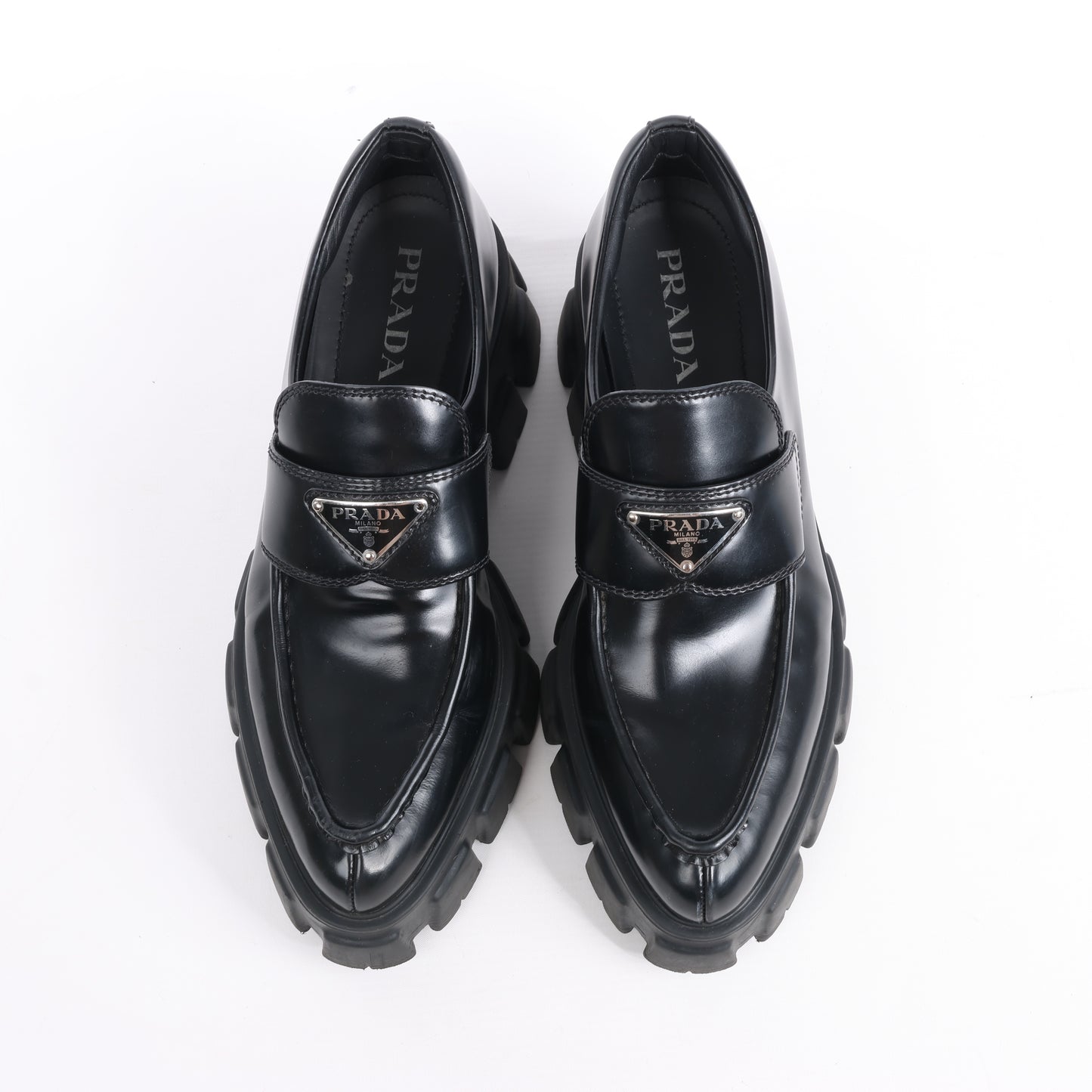 PRADA Spazzolato Triangle Logo Monolith Pointy 55mm Loafers in Black, Size 38.5 EU