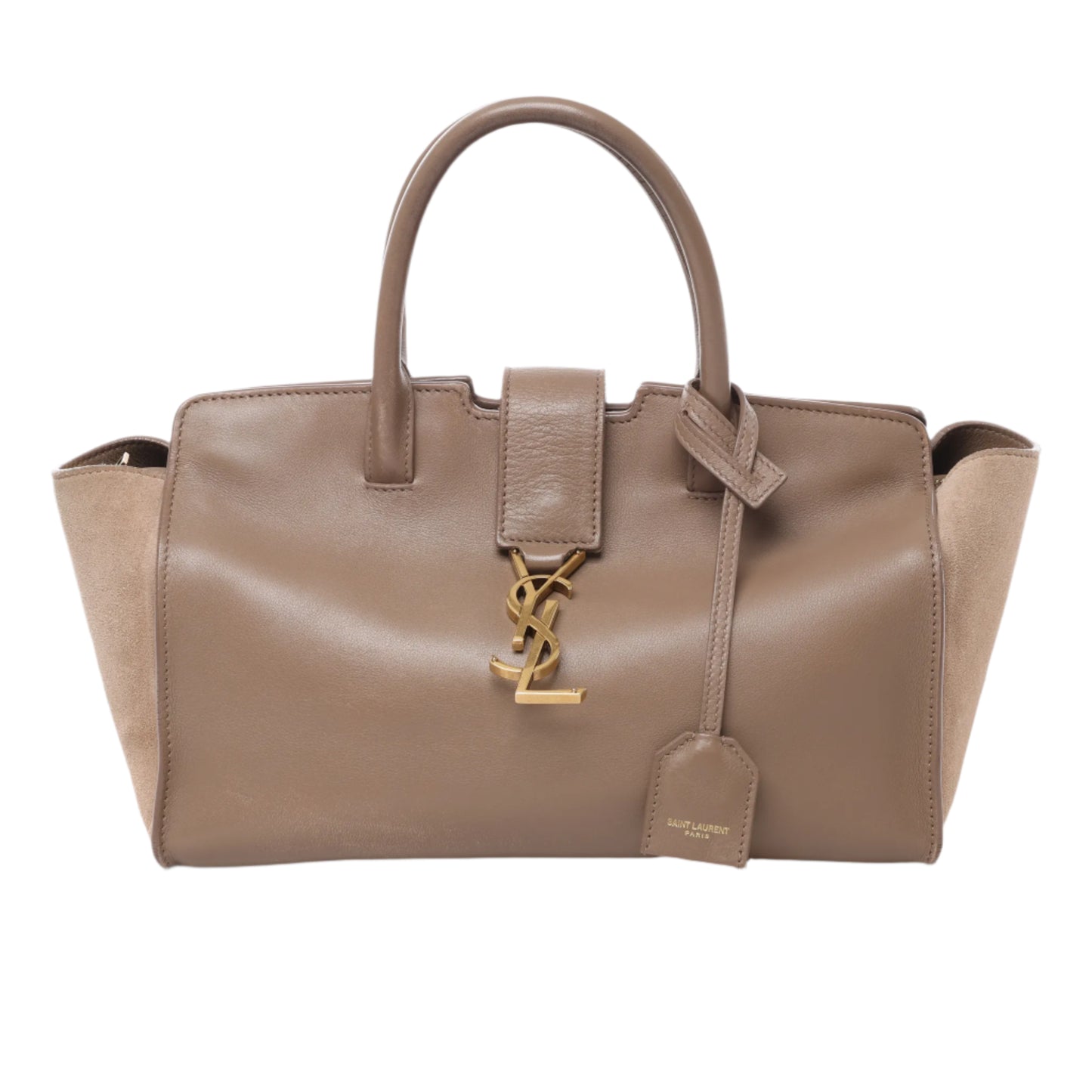 Front view of Saint Laurent Paris Downtown Cabas handbag in brown leather and suede, featuring gold YSL logo hardware, dual top handles, and structured silhouette against a white background.