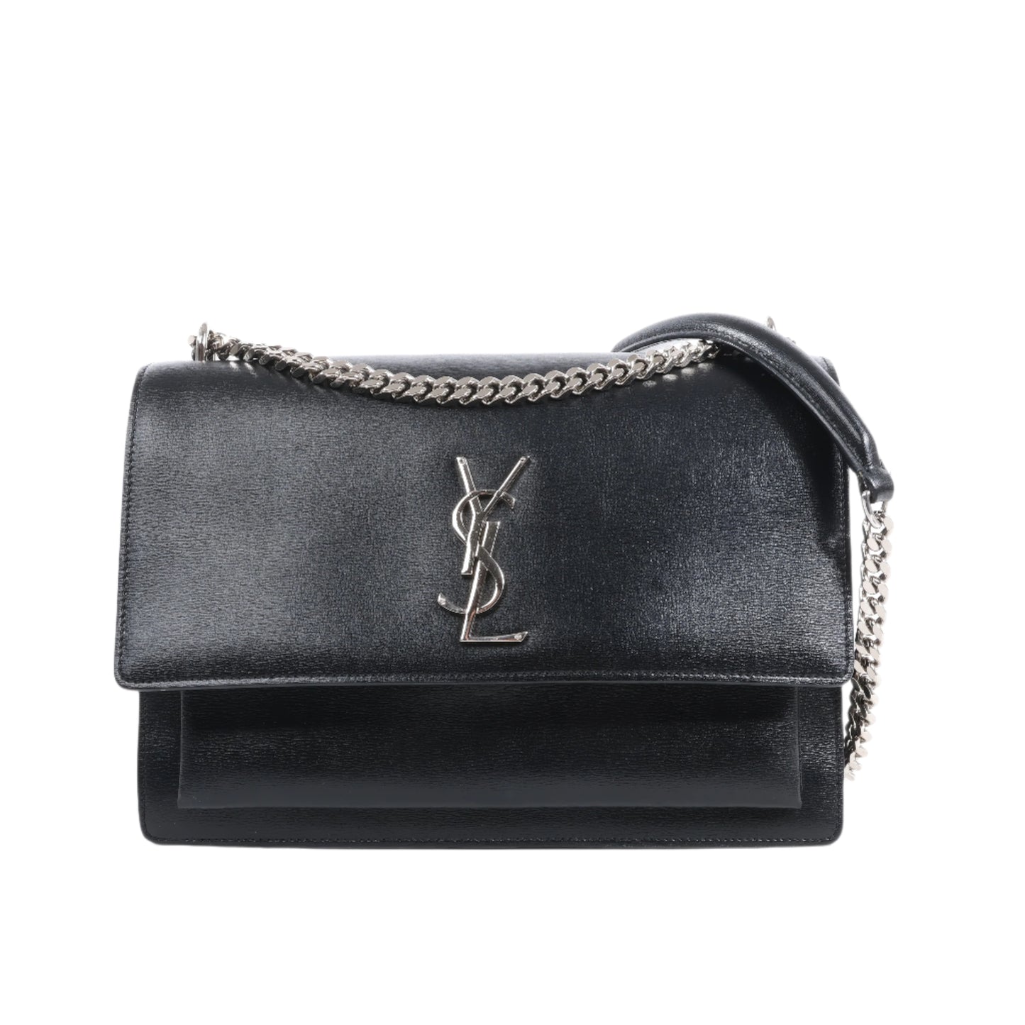 Black handbag with chain detail on a white background