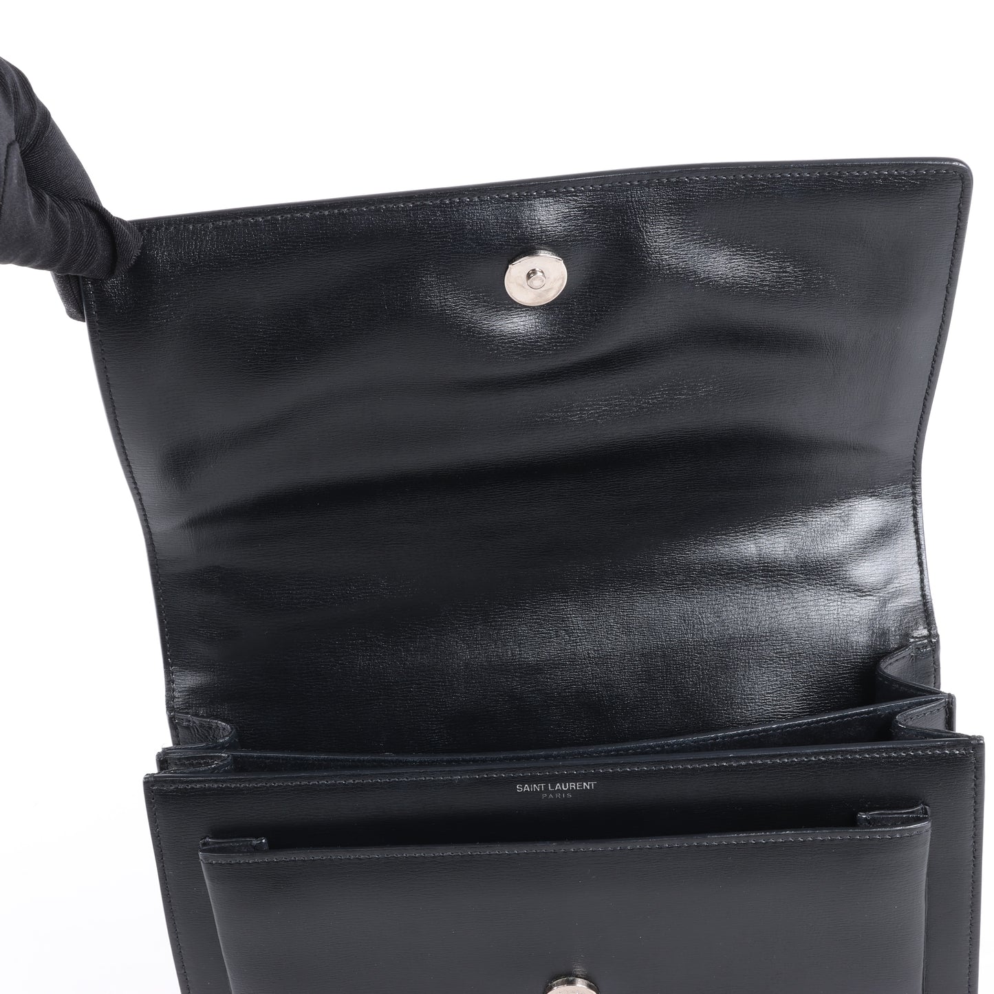 Sac bandoulière chaîne en cuir Sunset moyen Saint Laurent Paris, noir 498779