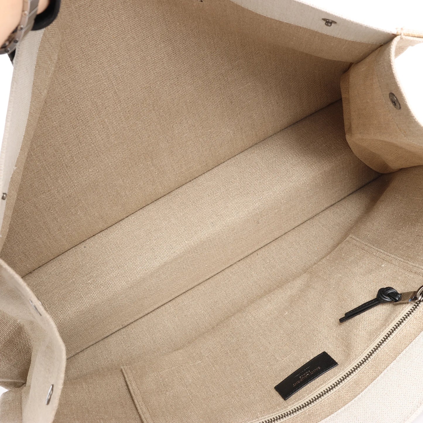 Saint Laurent Rive Gauche Große Tragetasche aus bedrucktem Canvas und Leder in Beige 499290