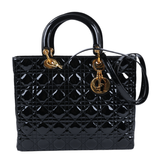 Christian Dior Lady Dior Large Patent Leather 2Way Handbag in Black