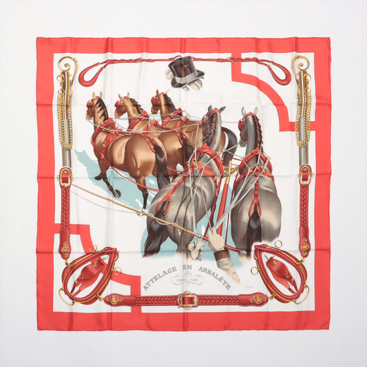 Hermès Carré 90 "ATTELAGE EN ARBALETE" 100% Silk Scarf in Red