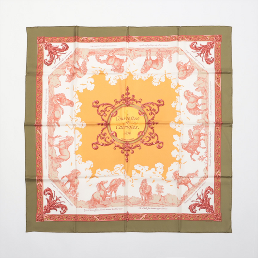 Hermès Carré 90 "Courbettes et Cabrioles" 100% Silk Scarf in Orange x Green