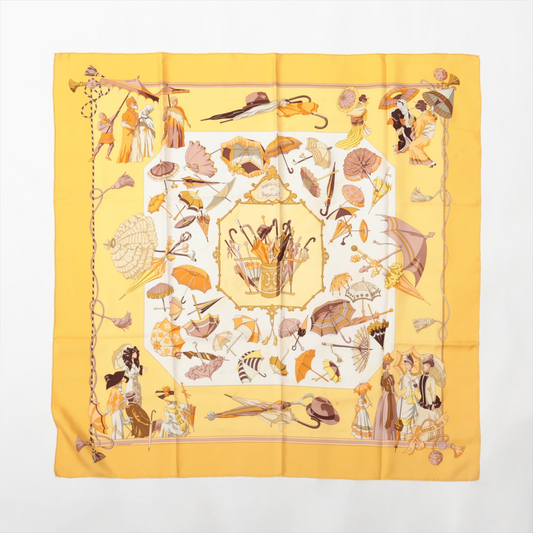 Hermès Carré 90 "OMBRELLES ET PARAPLUIES" 100% Silk Scarf in Yellow