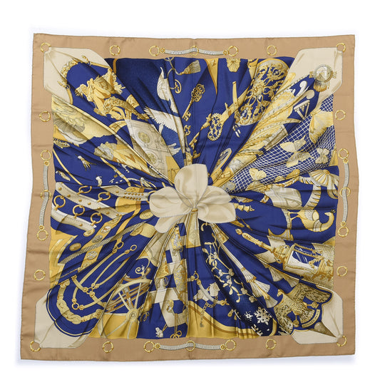 Hermes Carré 90 "soleil de soie" 100% Silk Scarf in Navy x Beige