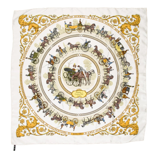 Hermès Carré 90 "LA PROMENADE DE LONGCHAMPS" 100% Silk Scarf in Ecru