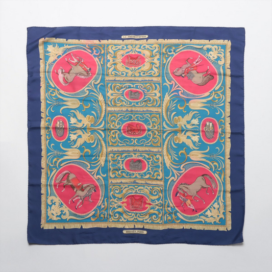 Hermès Carré 90 "LA PRESENTATION" 100% Silk Scarf in Navy Blue