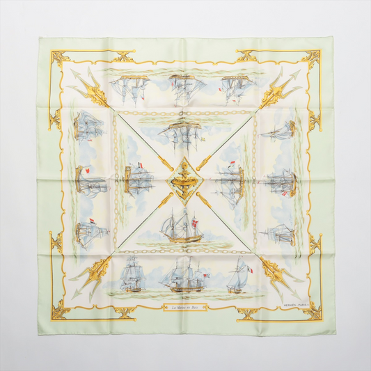 Hermès Carré 90 "La Marine en Bois" 100% Silk Scarf in Green