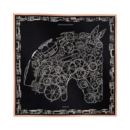 Hermès Carré 90 "COMPLICATION EQUESTRE" 100% Silk Scarf in Black