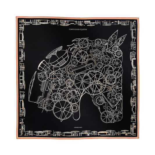Hermès Carré 90 "COMPLICATION EQUESTRE" 100% Silk Scarf in Black