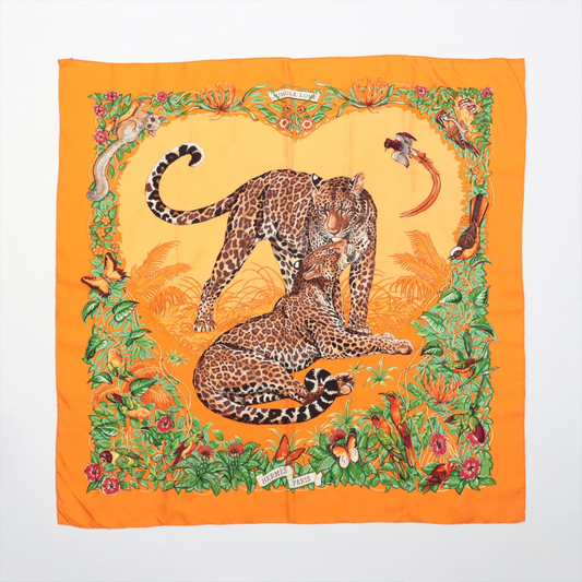 Hermès Carré 90 "JUNGLE LOVE" 100% Silk Scarf in Orange
